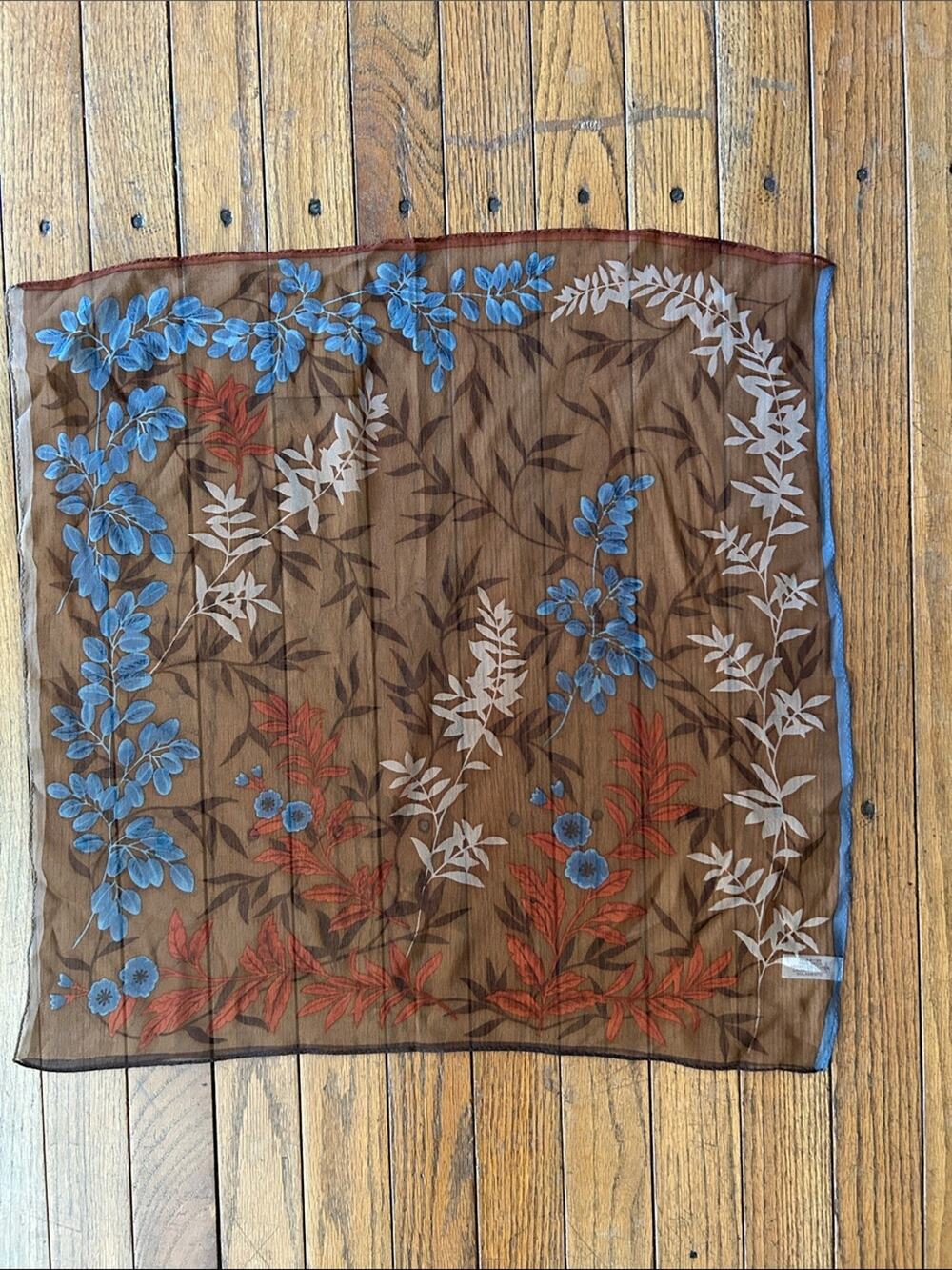 100% Silk Floral Autumnal Square Accent Scarf in Brown and Blue